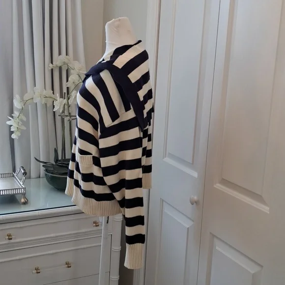 Zara Womens Navy/Cream Striped Cotton Tunic Pullover Sweater Pockets SM - Picture 2 of 7
